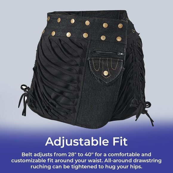 1754 Ruched Skirt Belt, Wide Black Denim Waist Hip Belt For Women